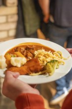 Plate with goulash and other garnishes carried by one person at a meal