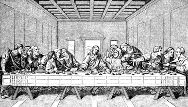 Mural painting The Holy Supper (1495-1497) after Leonardo da Vinci, Last Supper of Jesus,
