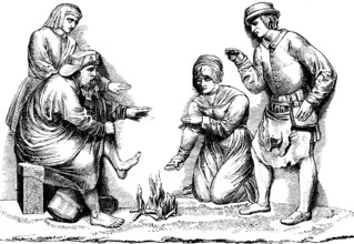 Relief depiction of Saint Sebald or Sebaldus of Nuremberg warming up on burning icicles, legend,
