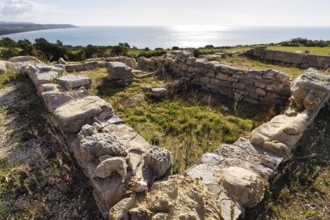 Ancient archaeological site Heraclea Minoa, restoration, ruins overlooking the sea, coastline,