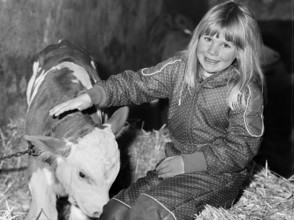 Little girl stroking a calf in a cowshed, on a former Franconian farm, black and white, Bavaria,