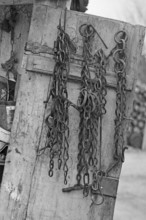 Cow chains on a cupboard door in the courtyard, Täuberhof, on a former Franconian farm, black and