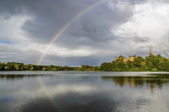 Rainbow over Linlithgow Palace, Linlithgow Loch, West Lothian, Scotland, United Kingdom