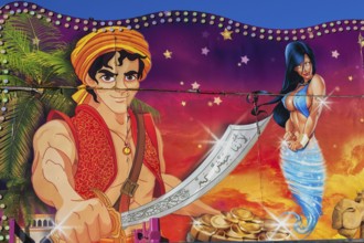 Painted illustration of Aladin brandishing a sword and a voluptuous blue eyed genie on amusement