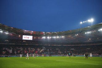 Total, overview, interior, floodlit game, soccer, Bundesliga, VfB Stuttgart, blue hour, evening