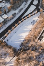 Snowy landscape with a winding road and trees casting long shadows, Nagold, Calw district, Black