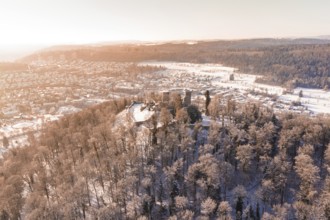 View of a winter landscape with a castle surrounded by snowy forests, Nagold, Calw district, Black