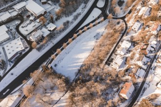 Bird's eye view of a snowy area with roads and ridges of houses, Nagold, Calw district, Black