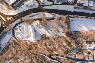 Aerial view of snowy landscape with roads, forests and buildings, Nagold, Calw district, Black