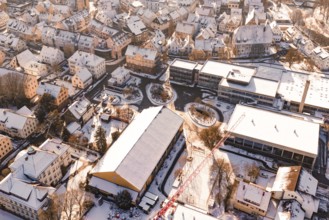 Snowy city center perspective with various types of buildings, Nagold, Calw district, Black Forest,