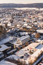 Snowy town with numerous buildings and roads, Nagold, Calw district, Black Forest, Germany