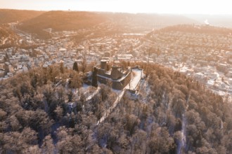 A castle on a hill surrounded by snowy trees, with a view of the city in the morning light, Nagold,