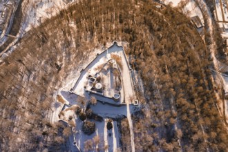 Bird's eye view of a snowy castle surrounded by a forest, Nagold, Calw District, Black Forest,