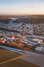 Wintery urban landscape with fields and roads at dawn, quiet atmosphere, Althengstett, Calw