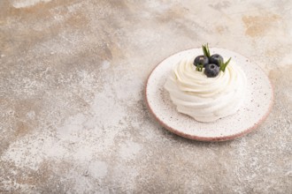 Pavlova Meringue dessert with crisp meringue and blueberry, on brown concrete background, copy