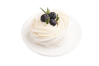 Pavlova Meringue dessert with crisp meringue and blueberry Isolated on white background, close up,