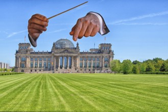 Conductor hands and Reichstag building. Who conducts whom here? Plenary area Reichstag building,