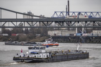 Cargo ships, Krefeld-Uerdinger bridge across the Rhine, near the Krefeld-Uerdingen Rhine port,