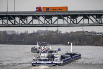 Cargo ships, Krefeld-Uerdinger bridge across the Rhine, near Krefeld-Uerdingen, North