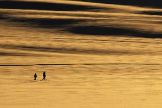 At sunset, a father and son move with their traditional skis in the Altai Mountains, in Altay