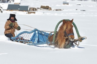 In deep snow, a man moves with his horse-drawn sled in the Altai Mountains, Altay Prefecture,