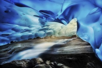 Inside ice cave in the Aletsch Glacier area, temporary tunnels and cavities with unique blue and