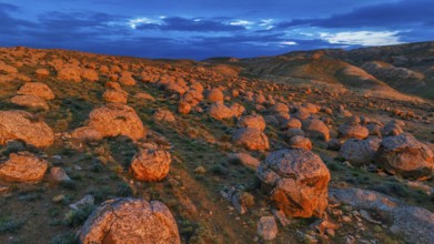 Sunset at Torysh Valley, the Valley of Balls, with thousands of natural spherical rock formations