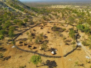 Aerial view of a traditional Himba Ovahimba, Kaokoland, Kunene Region, Namibia