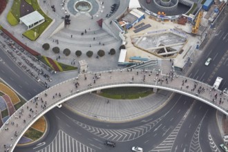 Shanghai, view of a pedestrian circle from inside looking up at the Oriental Pearl TV Tower