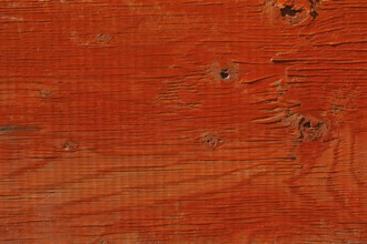 Close-up of orange painted plywood surface with deep grain and knots, Quebec, Canada