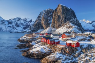 Winter scenic view of fishermen's cabins on Hamnøy, Lofoten Archipelago, Norway