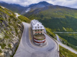 Hotel Belvedere, Aerial view in summer season, Furka Pass, Obergoms, Goms District, Valais,
