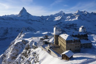 Winter aerial view of the Gornergrat Kulm Hotel, an observatory and hotel at 3, 089?m above sea