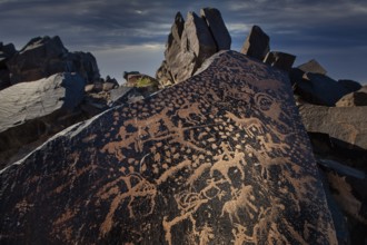 Ancient rock carvings of animals and human figures, depicting a hunting scene, dating from the