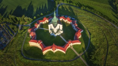 Church of St. John of Nepomuk at Zelená hora, aerial view at summer sunset, Baroque-Gothic