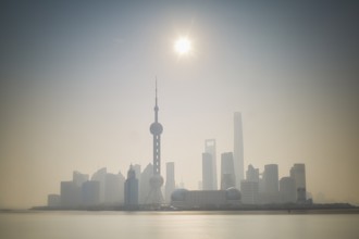 Shanghai, view of the Oriental Pearl Tower from the Bund, Lujiazui, on the banks of the Huangpu