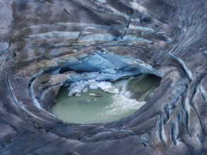 Rhone Glacier, Hole formed by ice collapse, Climate Change, Aerial view, Furka Pass, Oberwald, Goms