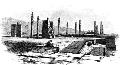 Ruins of Persepolis, ancient Persian residence in Persia, founded 520 BC, entrance stairs, statues