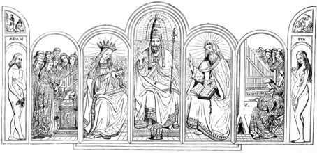 Top row of the Ghent Altarpiece, in Sint Bavo, St. Bavo Cathedral, artist Jan van Eyck, Flemish