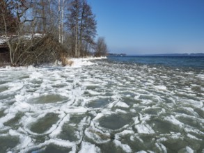 Pancake ice cream at Starnberger See near Bernried, Fünfseenland, Upper Bavaria, Germany