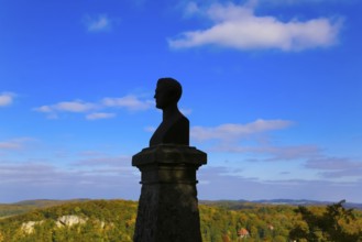 Wilhelm Hauff memorial, rocks above the Echaz Valley, monument from 1839, obelisk with bronze bust,