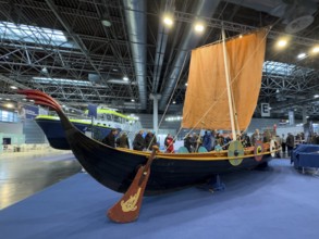 Press photo of replica Viking ship Viking boat sailing ship, large rudder blade in the middle of