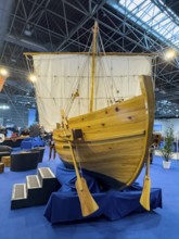 Press photo Replica of an ancient historic Roman merchant ship by the University of Trier on a
