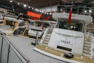 Press photo View of the stern of three luxury yachts Sunseeker luxury motor yachts in the
