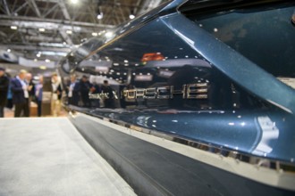 Press photo View of Frauscher x Porsche logo on luxurious 790 Spectre sports boat at Messe boot