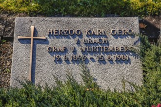 Tombstone, Duke Karl Gero von Urach, Count of Württemberg 1899 to 1981, cross, letter, grave,