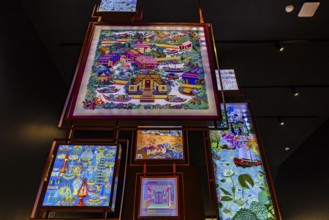 Jim Thomson House and Museum, pictures with Thai silk motifs framed, Bangkok, Thailand's