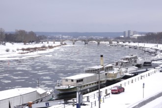 Elbe in winter with ice floes, Dresden, Saxony, Germany