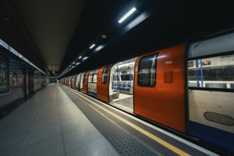 A subway train with doors open stands in the station while the lights animate the station, London,