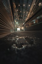 Puddle reflects lights in an urban canopy area at night, London, Borough Market, United Kingdom